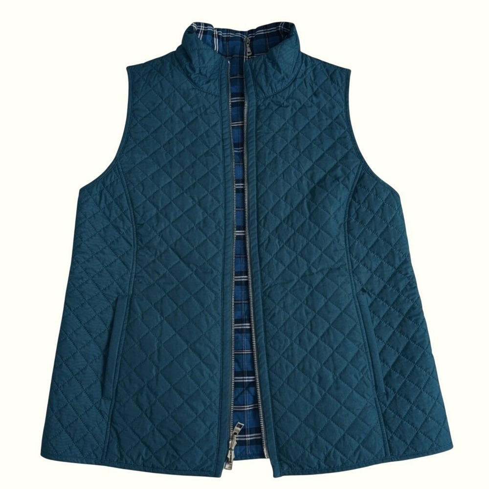 Chico's Women's Reversible Tartan Plaid Quilted Vest Pockets Full Zip Teal Navy